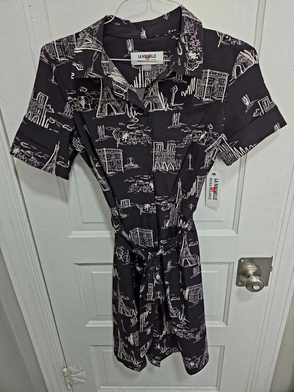 La Nouvelle Renaissance Black and White Paris Toile Print Shirt Dress size 8